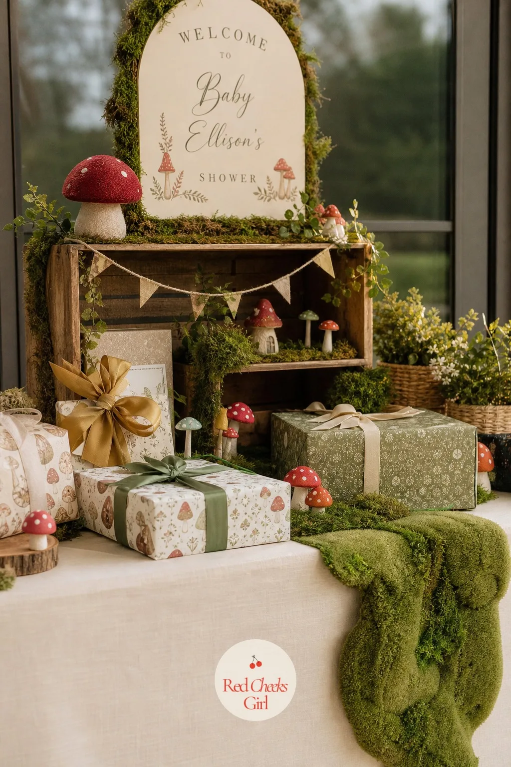 Gift Table with Mushroom Crates — Gifts tend to pile up awkwardly on a bare table, so give them structure instead. Mushroom baby shower theme