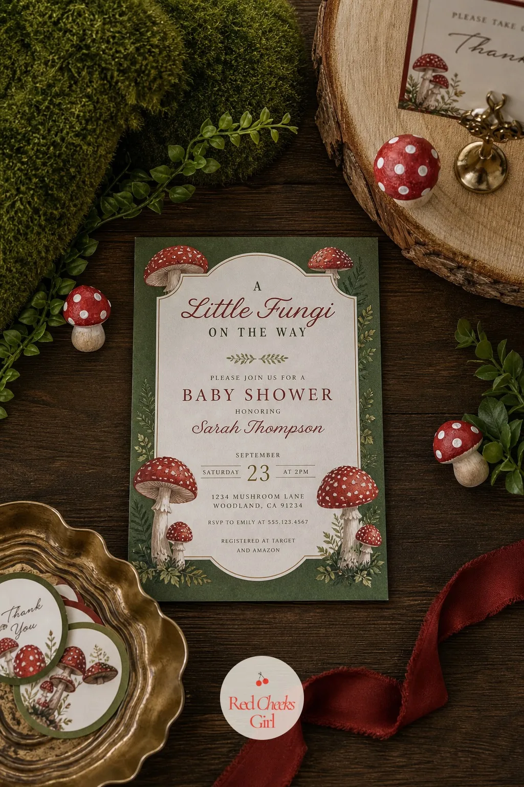 A Little Fungi on the Way Invitation — If this one is for a boy, say so without saying it twice. Mushroom baby shower theme