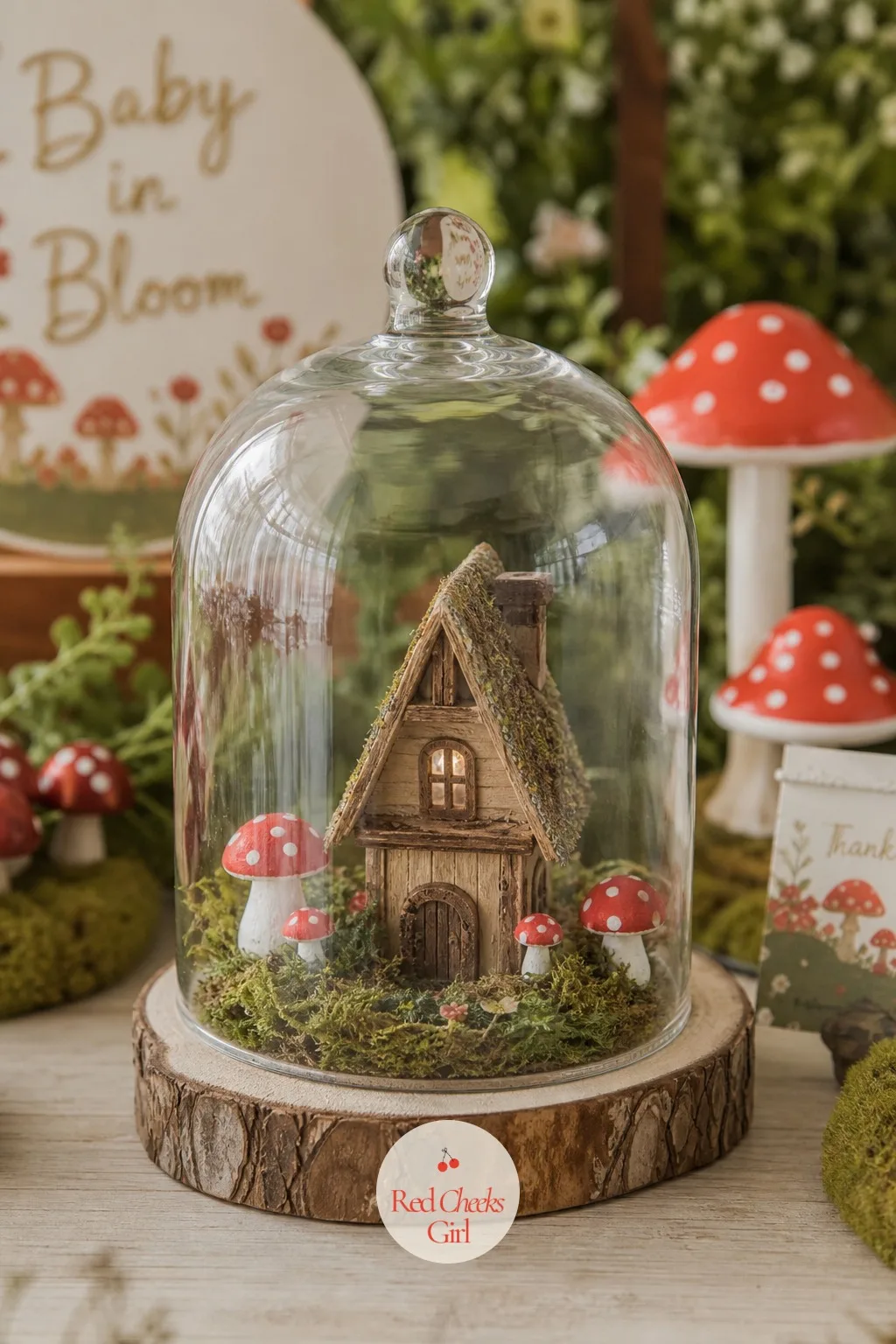 Mini Fairy House Cloche — One small table, maybe the guest book or the gift table, deserves its own quiet moment rather than another mushroom cluster. Mushroom