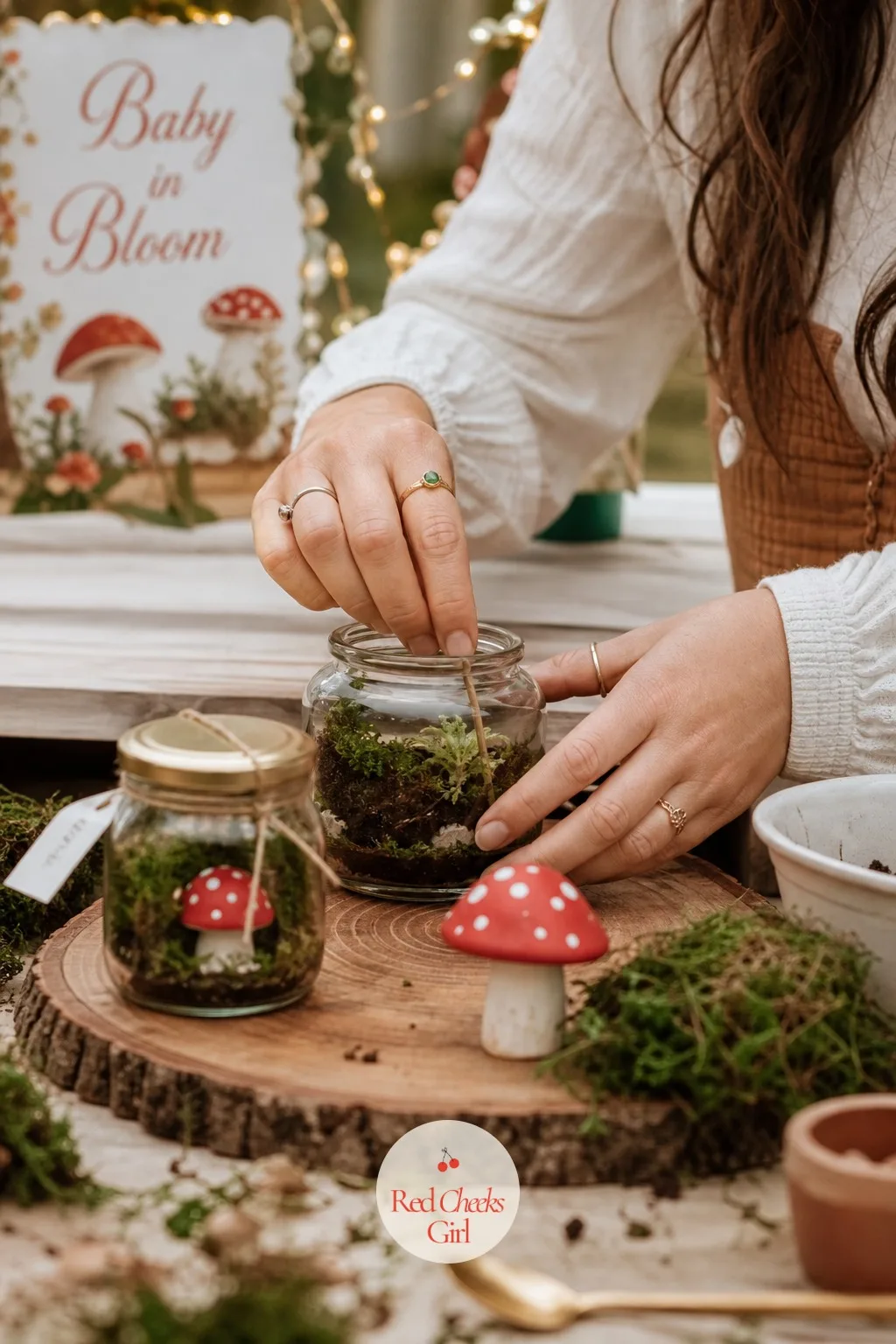 Mini Terrarium Jar Favor — For guests who will actually display a favour on a shelf rather than lose it in a drawer, this one earns its keep. Mushroom baby