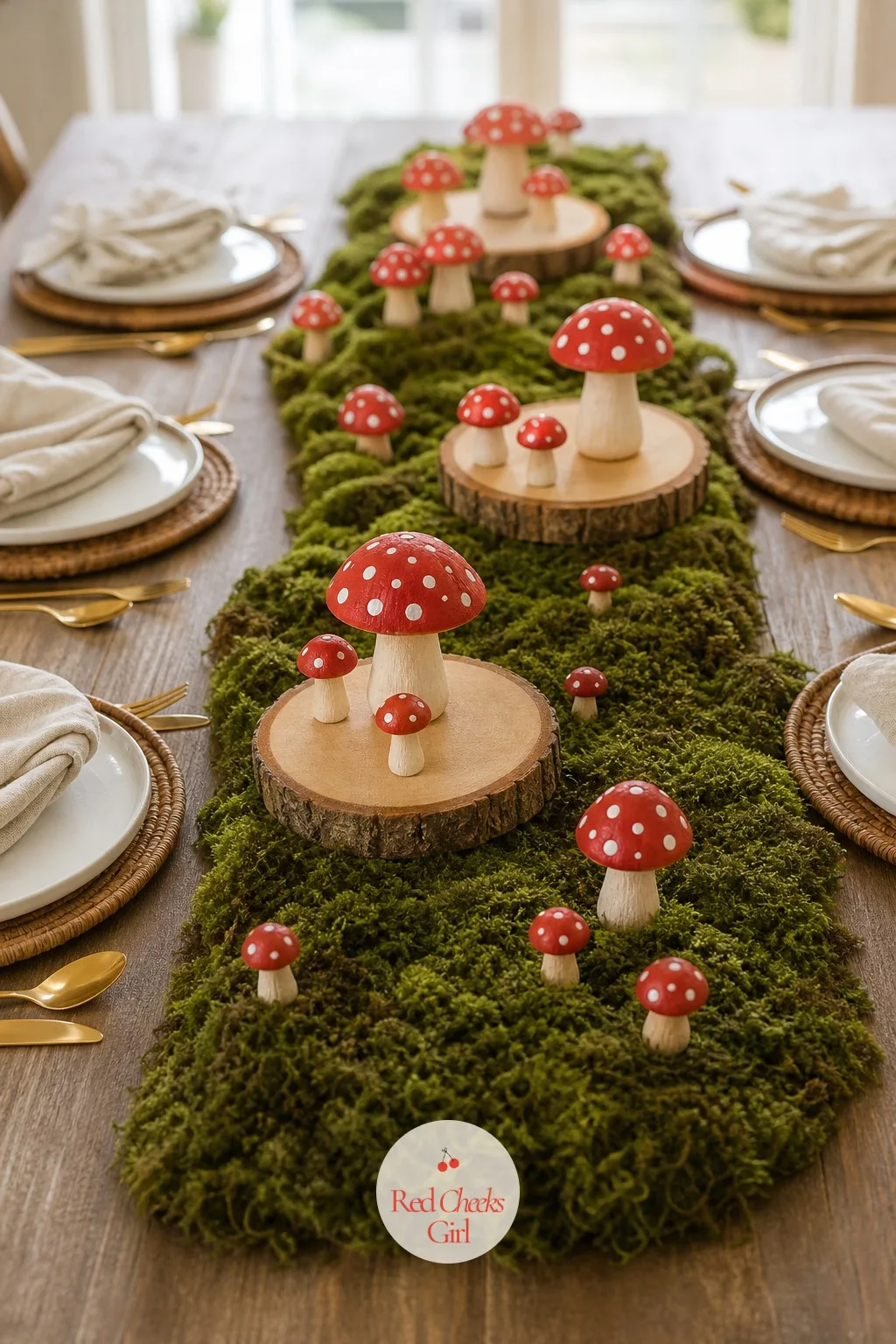 Moss Table Runner with Toadstool Clusters — Her hand should find something soft the moment she reaches for a plate. Mushroom baby shower theme
