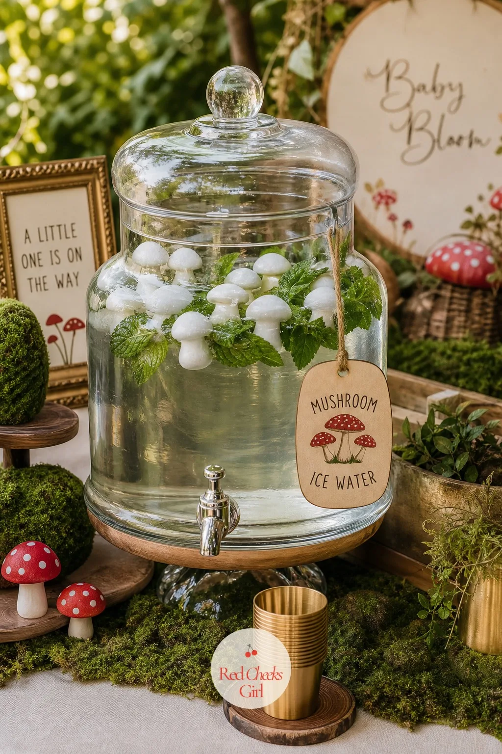 Mushroom Ice Cube Infused Water — Not every guest wants cider, and plain water looks forgotten next to a dressed-up punch bowl. Mushroom baby shower theme