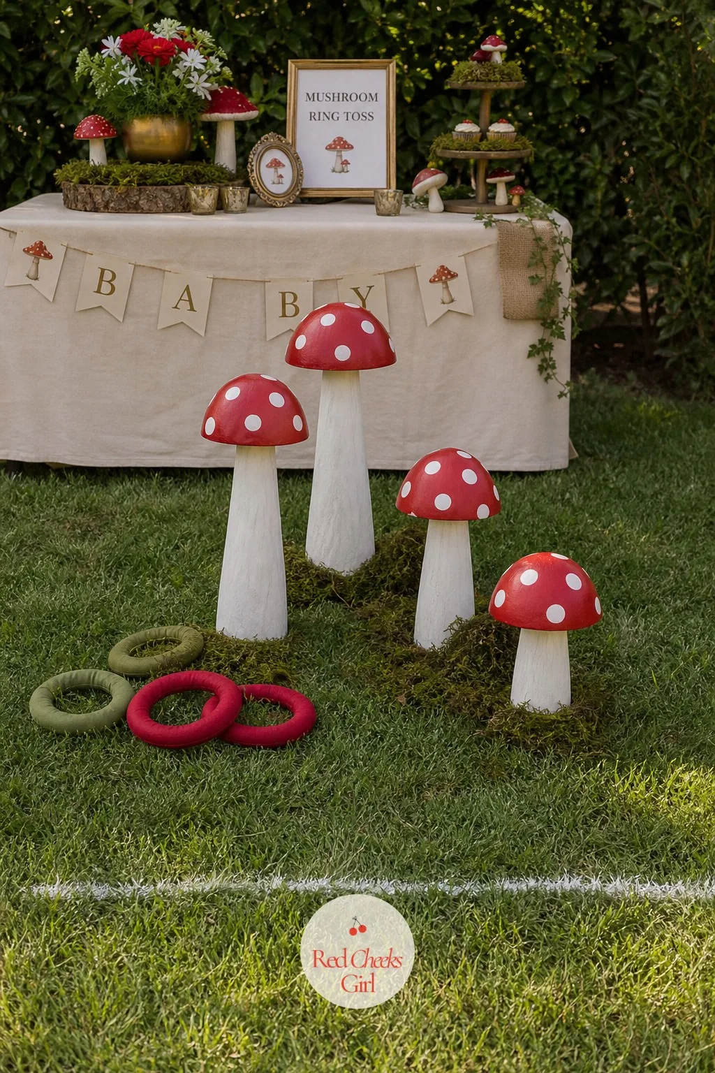 Mushroom Ring Toss — Guests get restless after the gift opening slows down, and this gives them something to do with their hands for five minutes. Mushroom