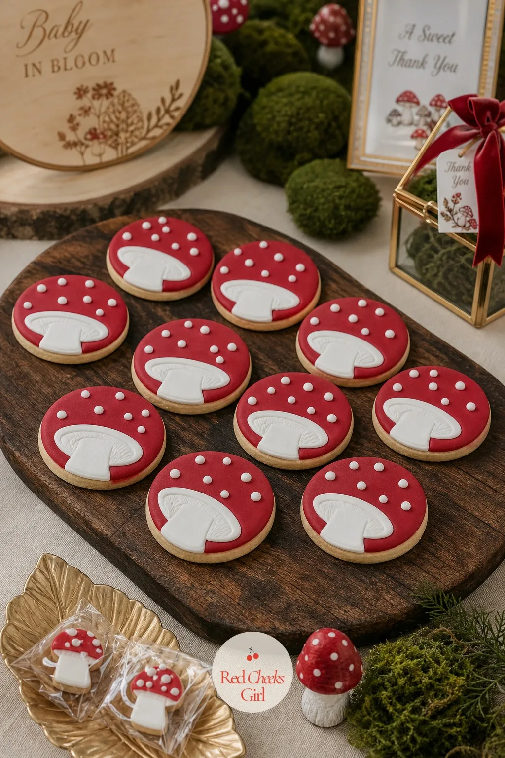 Red Toadstool Sugar Cookies — For 'A Little Fungi on the Way', these are the cookie that matches the invitation. Mushroom baby shower theme