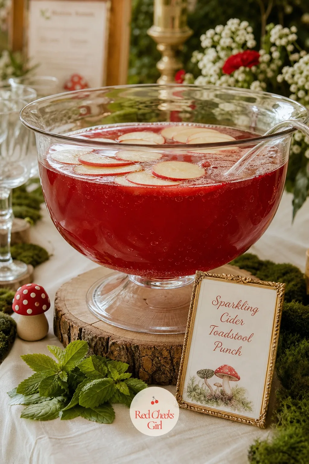Sparkling Cider Toadstool Punch — A punch bowl earns its place when it looks like part of the forest rather than a plastic bowl of juice. Mushroom baby shower