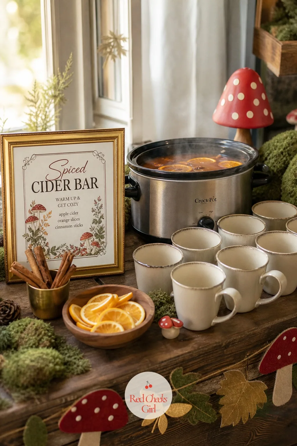 Spiced Cider Bar — If this shower lands in the colder months, lean straight into it rather than fighting it. Mushroom baby shower theme