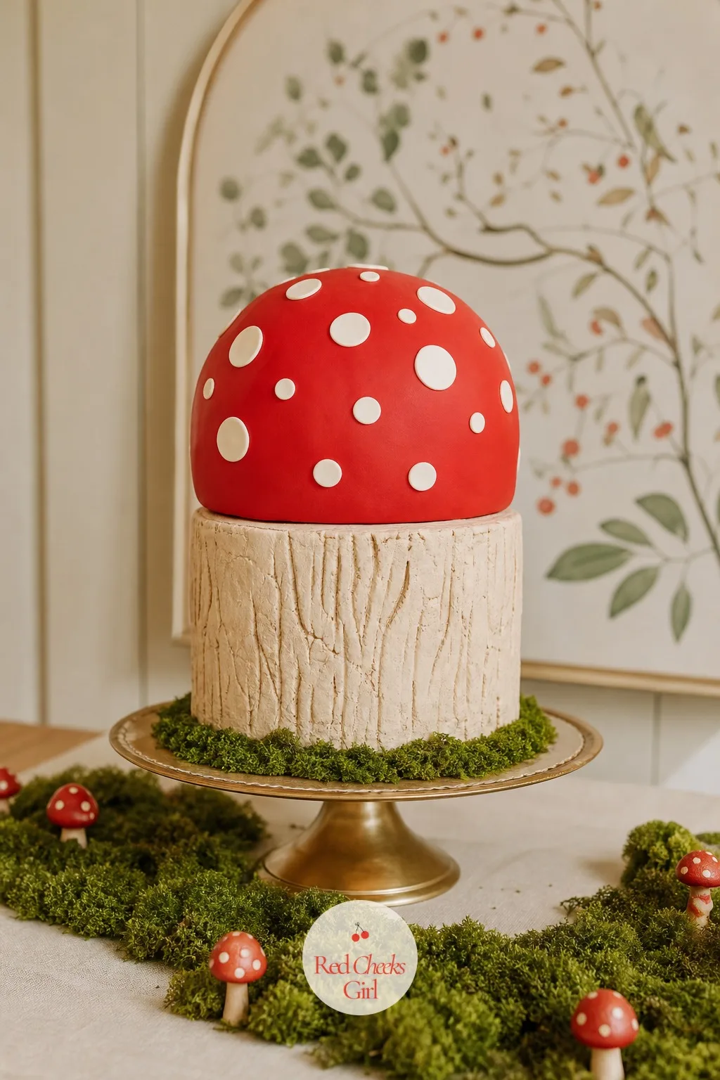 Tiered Toadstool Cake — This is the thing the whole table points toward. Mushroom baby shower theme