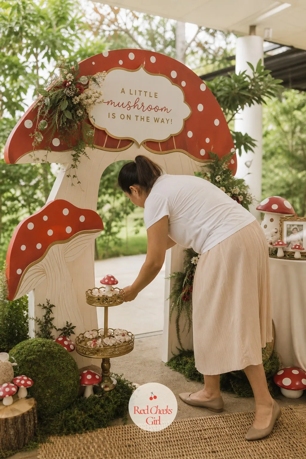 Toadstool Archway Photo Spot — Every guest wants one photograph before they leave, and it should not have to be the gift table. Mushroom baby shower theme
