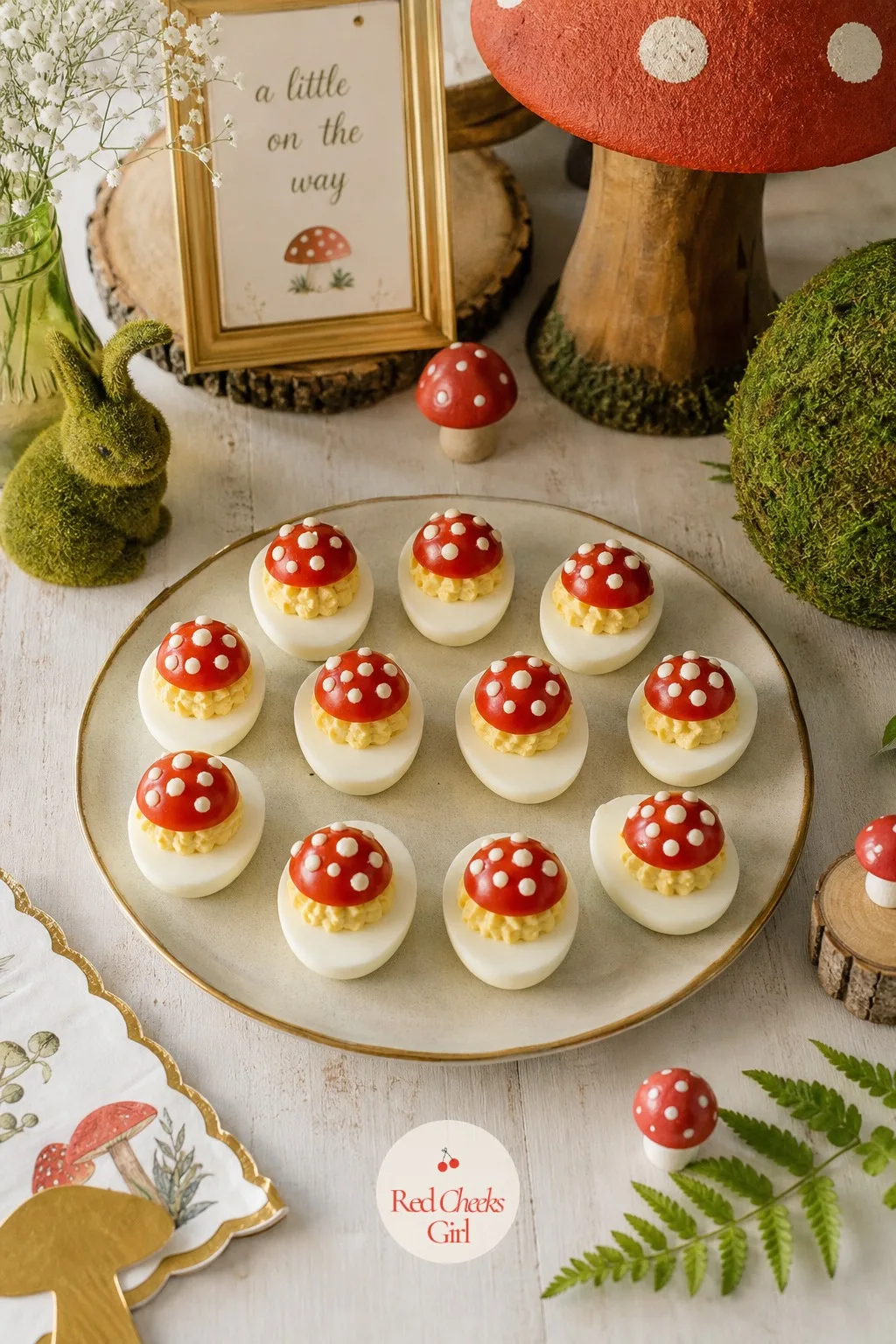 Toadstool Deviled Eggs — These disappear fastest of anything savoury on the table, and the shape does the party trick for you. Mushroom baby shower theme