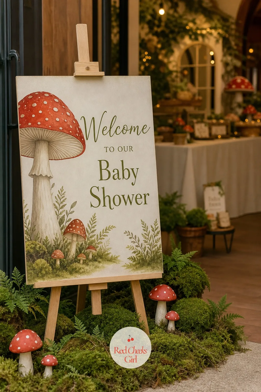Toadstool Welcome Sign — She should know what is happening before she reaches the door. Mushroom baby shower theme
