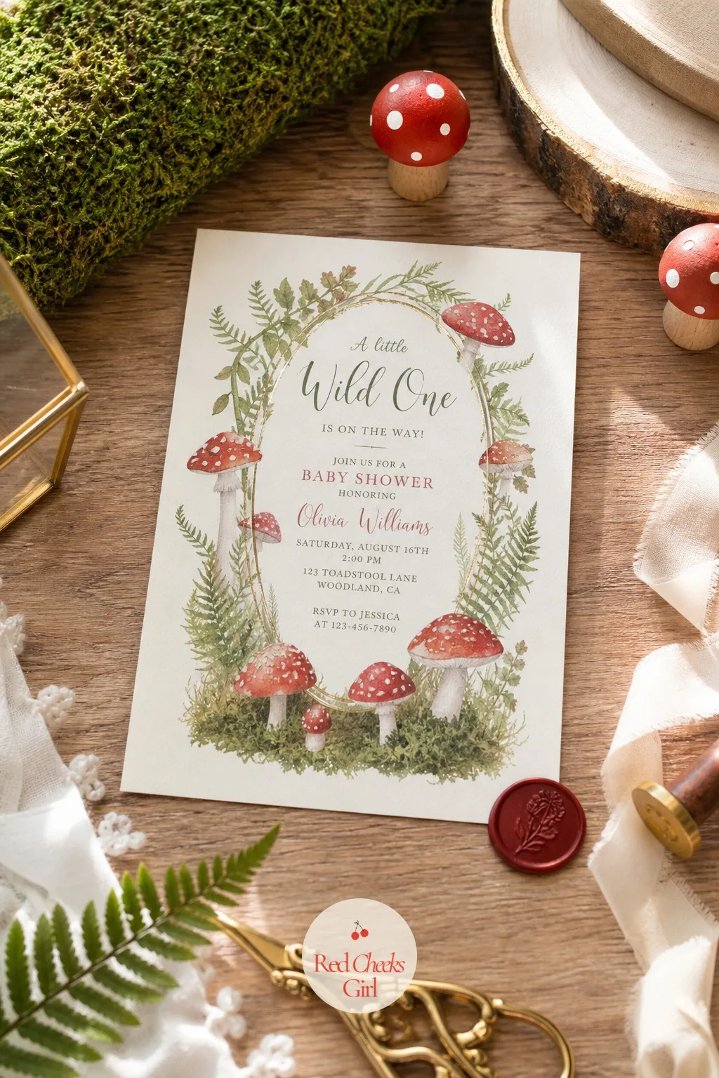 Watercolor Toadstool Invitation — She opens the envelope and already knows there will be moss on the table. Mushroom baby shower theme