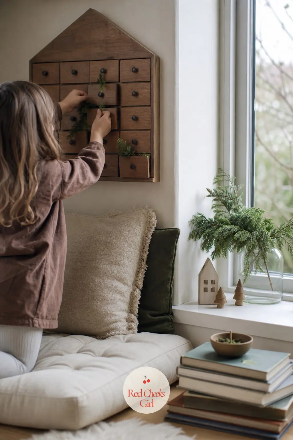 An Advent Corner the Kids Actually Use — A wooden advent calendar with small numbered drawers, hung at a child's eye level by a window seat, gives the