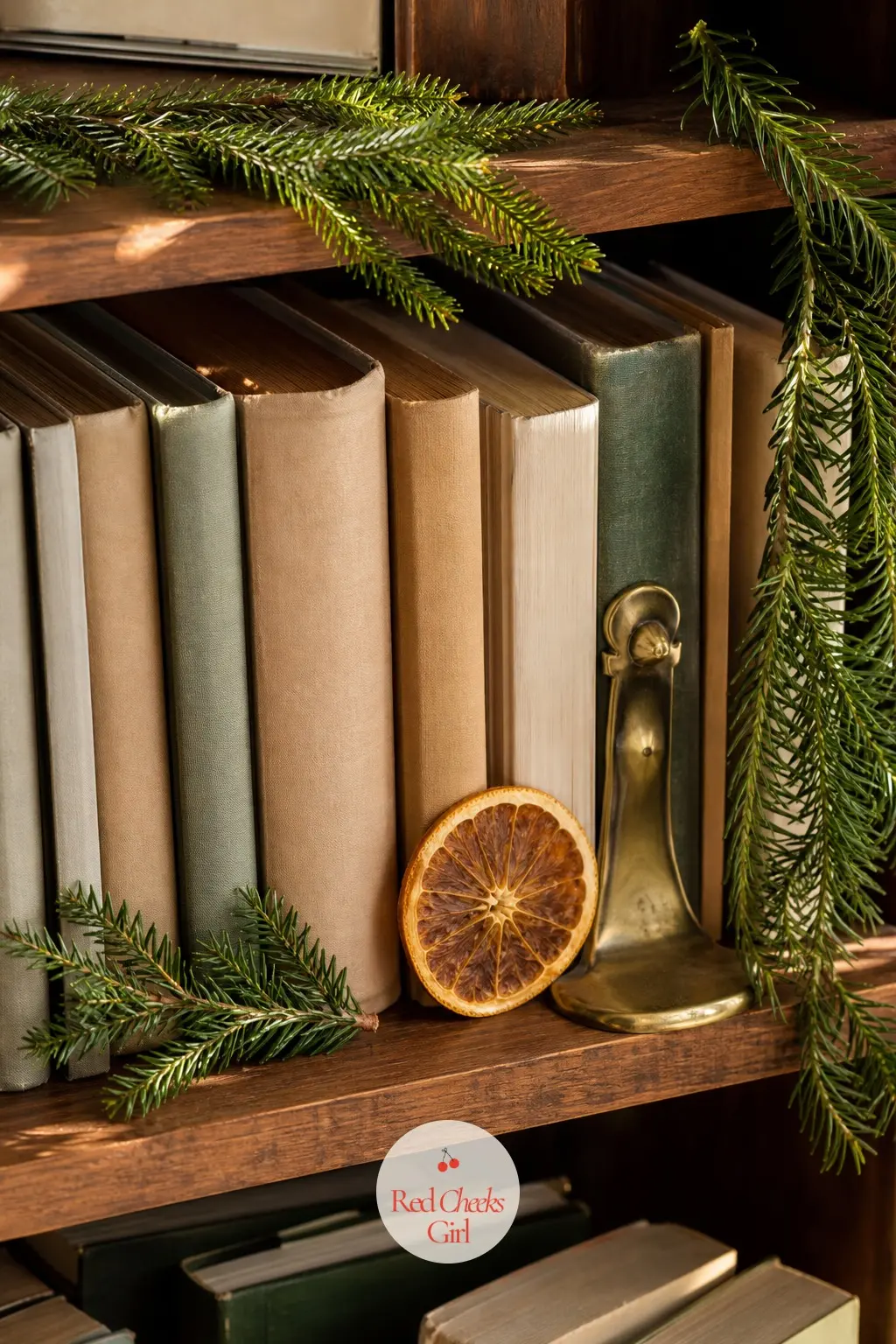 Bookshelves with Just a Few Sprigs Tucked In — A few fresh fir sprigs tucked horizontally among stacked books, with one dried orange wheel leaning against the