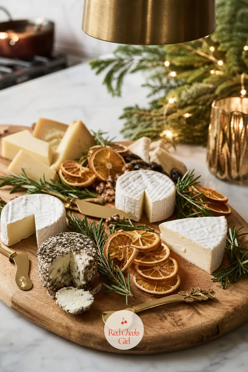 A Cheese Board That Still Reads as Christmas — A wide wood board holds soft cheeses, a scatter of dried orange wheels for colour, and a few sprigs of fresh