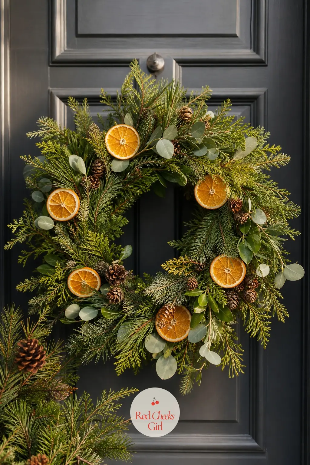 A Door Wreath of Fresh Greenery and Whole Dried Oranges — A fresh wreath base, left mostly green, gets whole dried orange halves wired in at even intervals