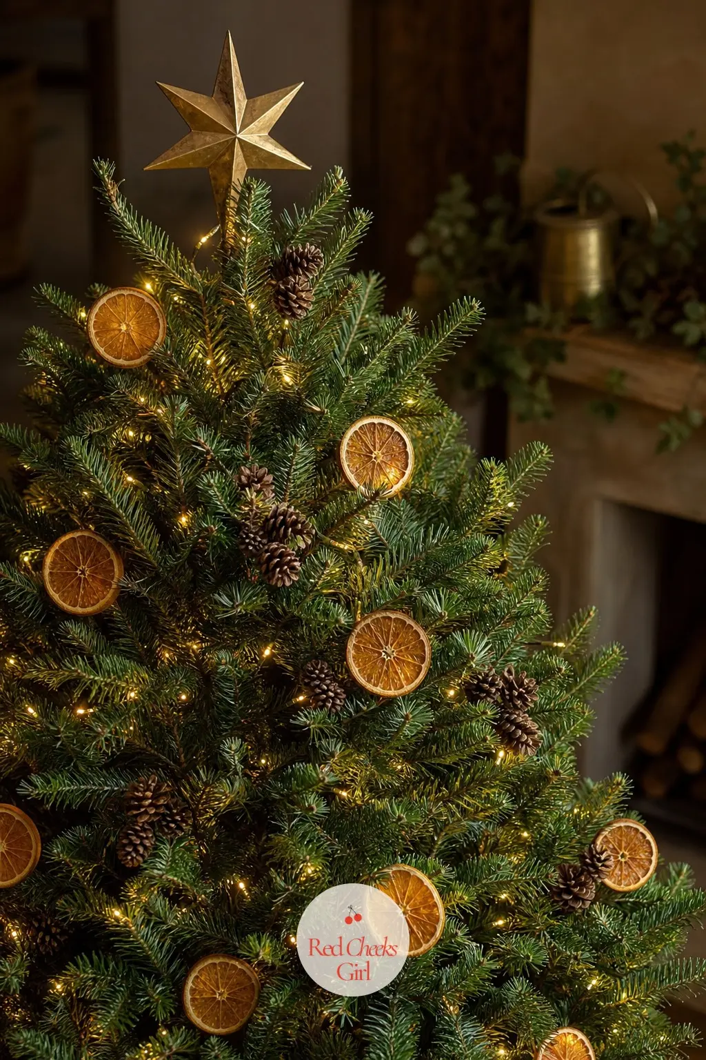 A Fir Dressed Only in Citrus, Pine and Brass — Skip the strung garland this year and hang whole dried orange rounds individually, deep in the branches rather