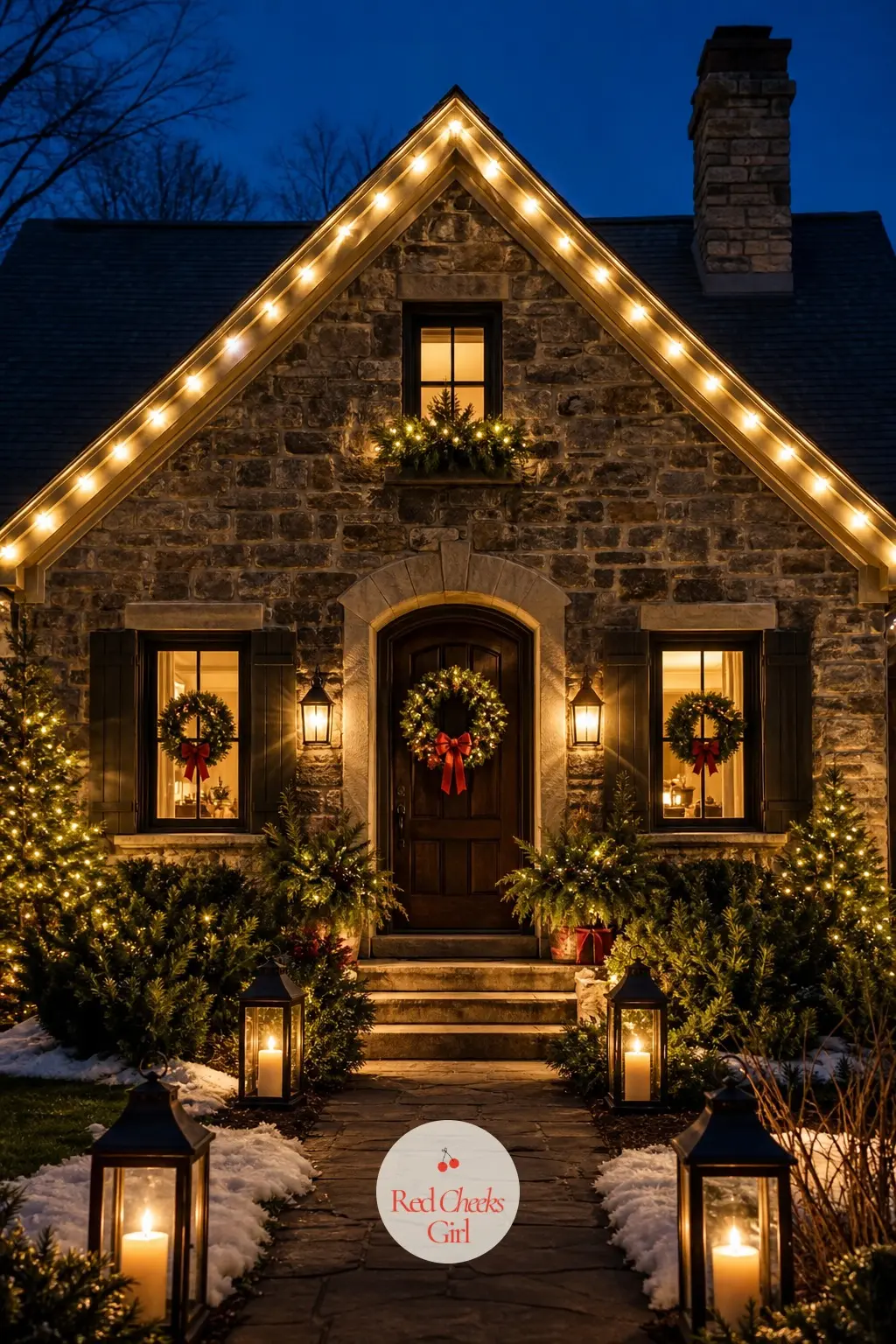 The House Lit from the Path to the Roofline — Warm white lights along the roofline, never coloured, keep the whole facade inside the same palette the inside of