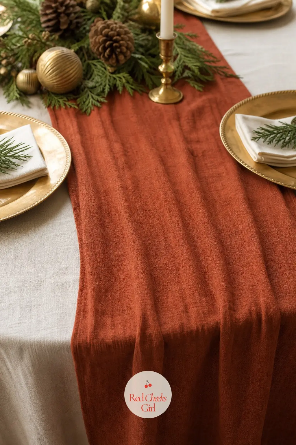 An Ivory Cloth Under a Rust Runner — An ivory cloth goes down first, full length, then a rust runner straight down the centre, narrower than the table by a