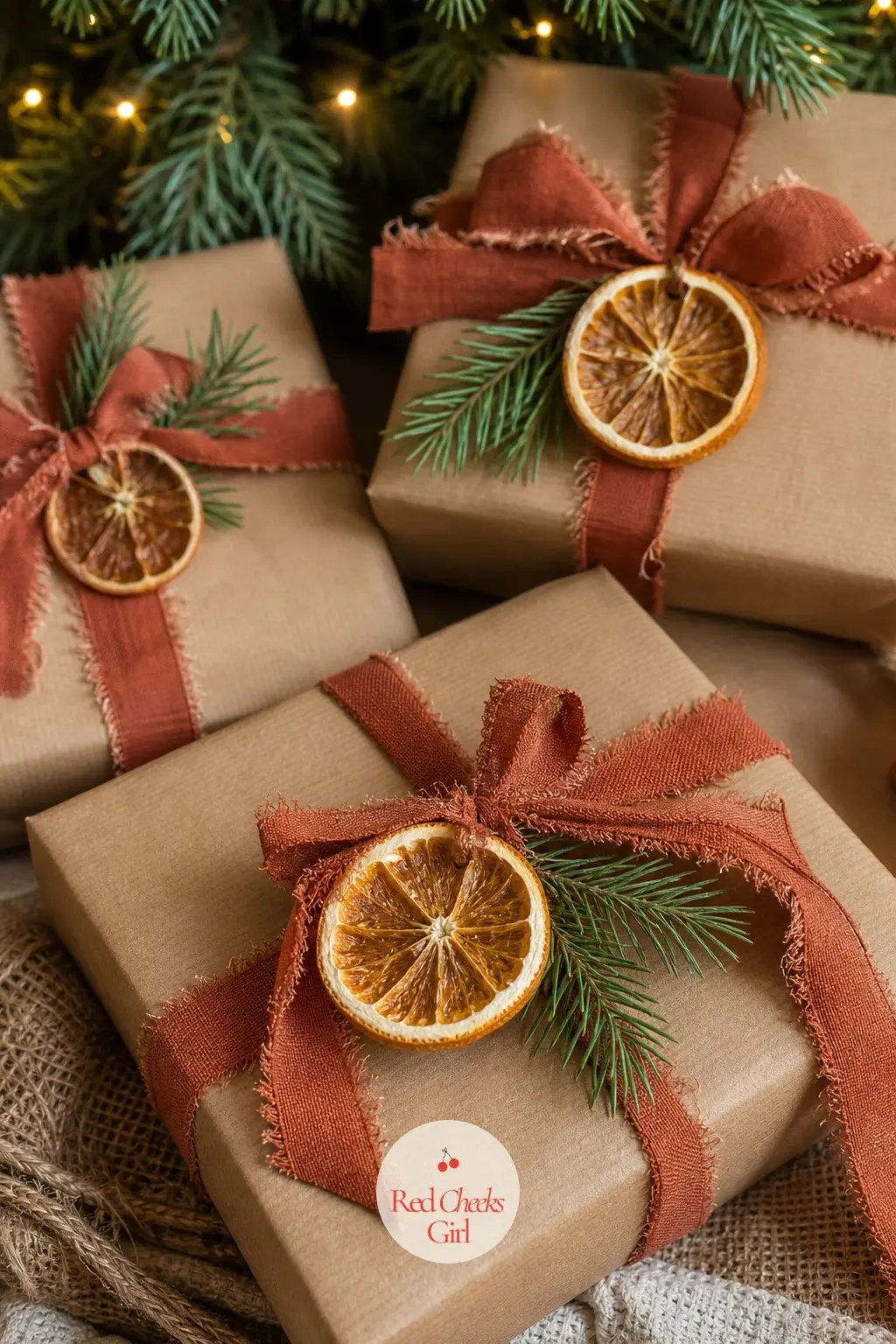 Kraft Parcels Finished with an Orange Slice Tag — Kraft paper, two rolls usually covers a household's worth of gifts, wrapped with rust velvet ribbon and
