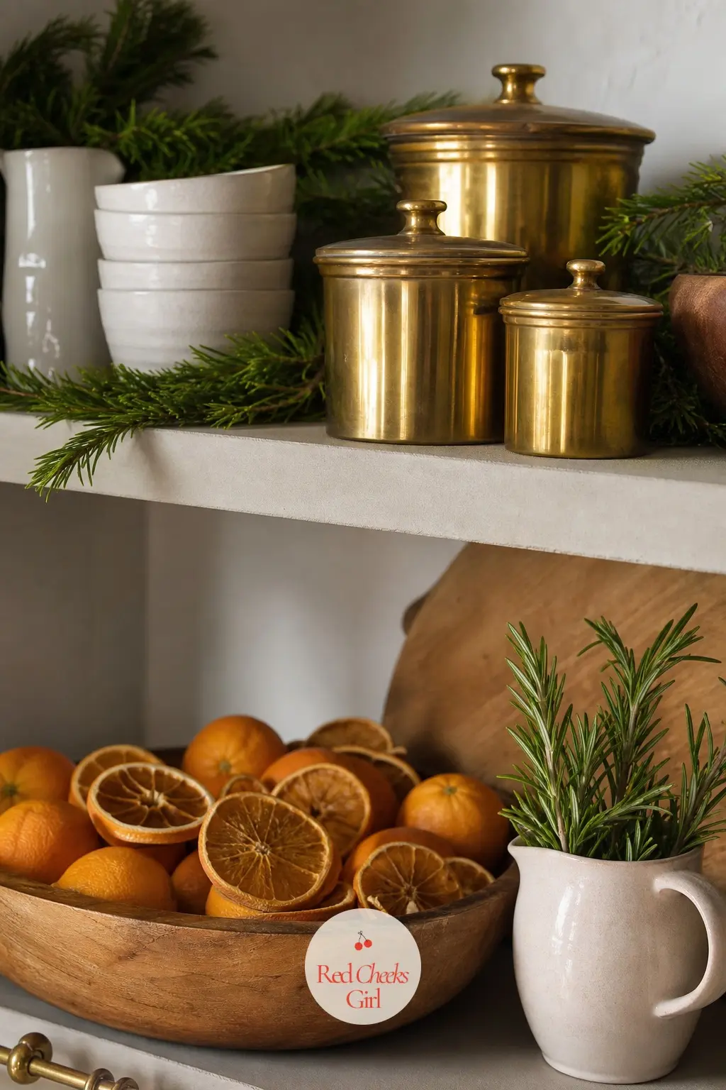 Open Shelves Styled Without Looking Staged — A row of brass canisters along an open shelf, a wooden bowl mixing a few whole oranges with dried wheels among