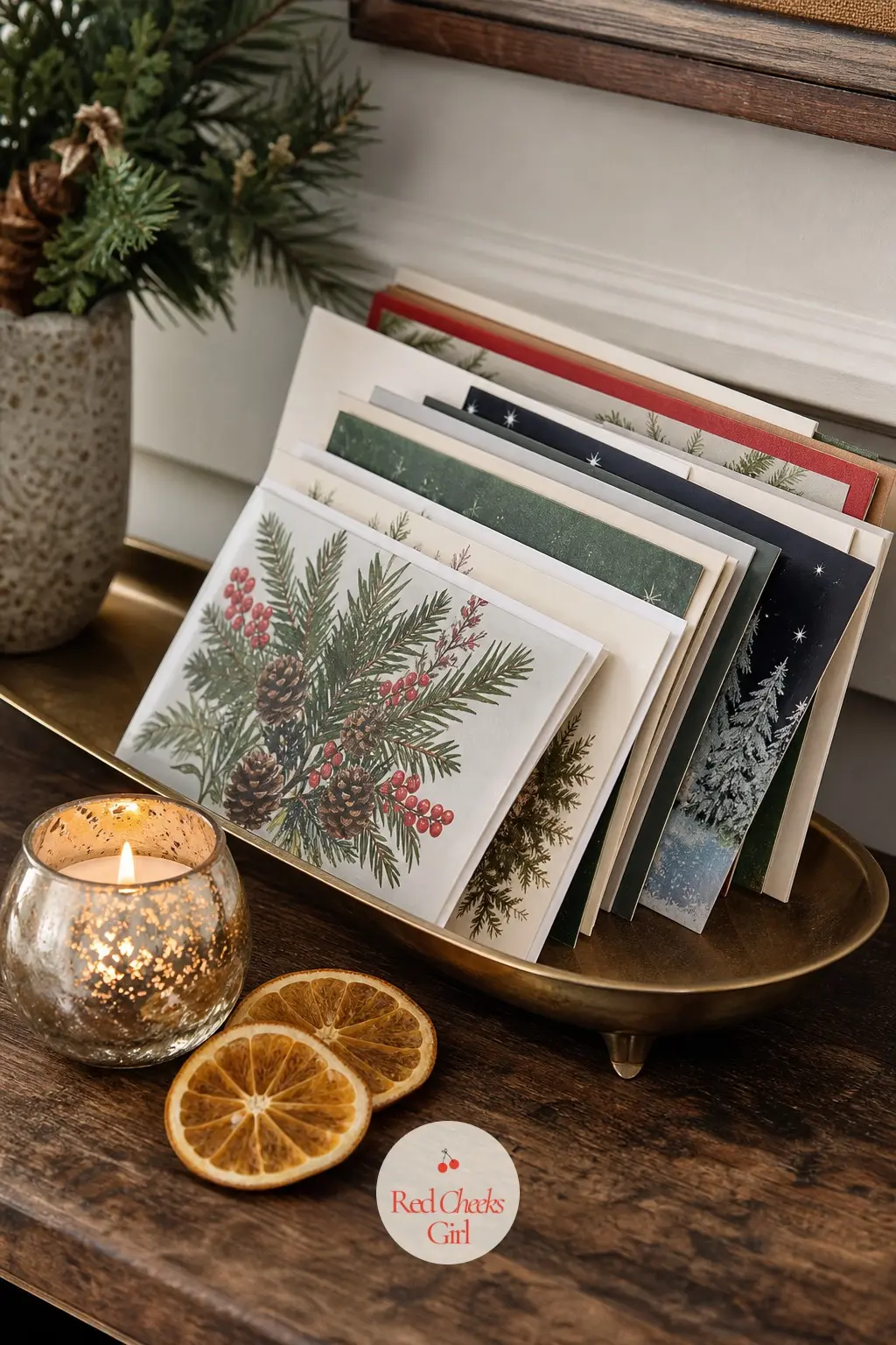 A Place Where the Cards People Send Don't Get Lost — A narrow brass tray on a hallway shelf, fanned with the cards as they arrive, keeps them from sliding into