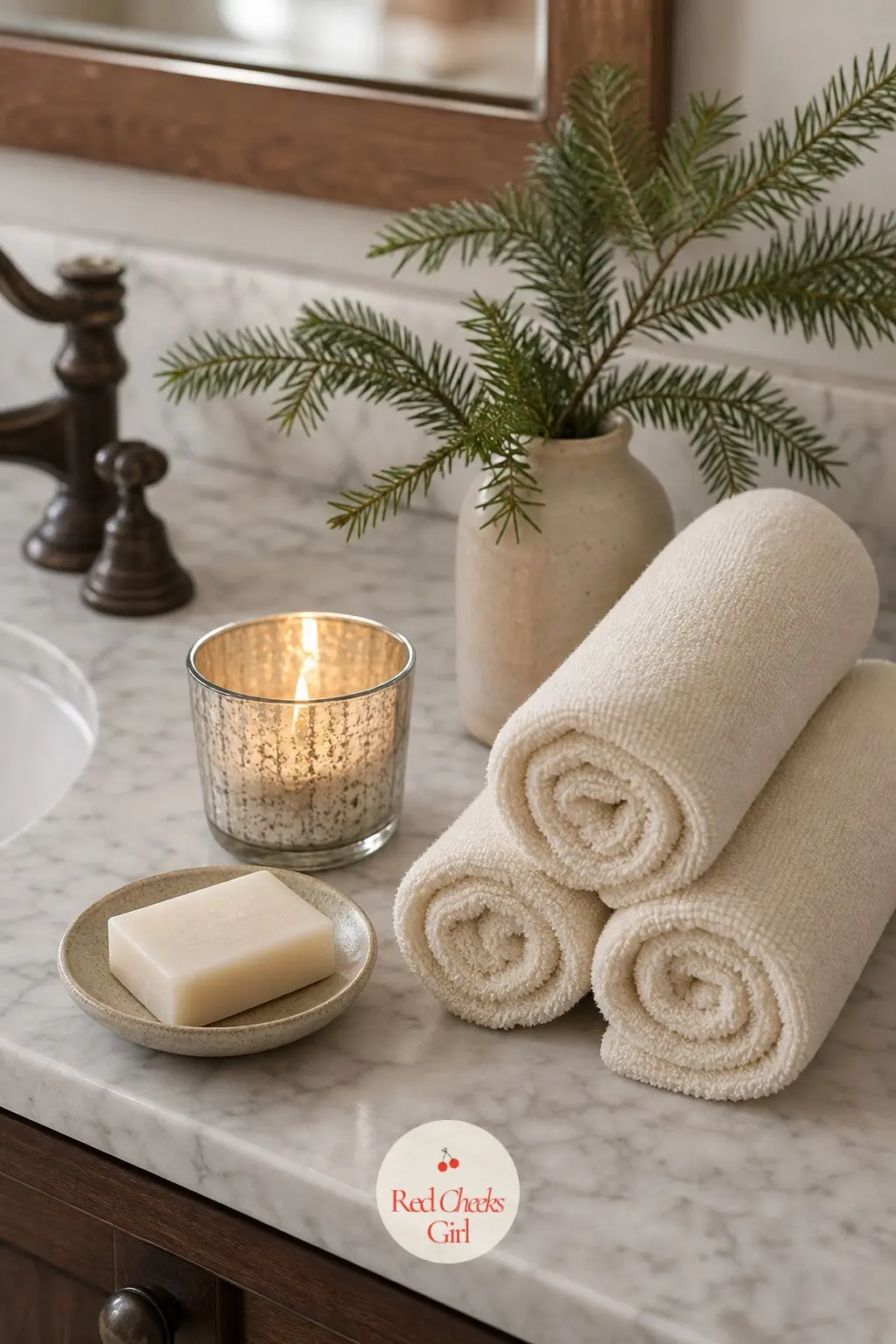 A Powder Room Finished in Three Small Things — A powder room needs almost nothing to feel considered: rolled cream hand towels, one bar of soap and a lit