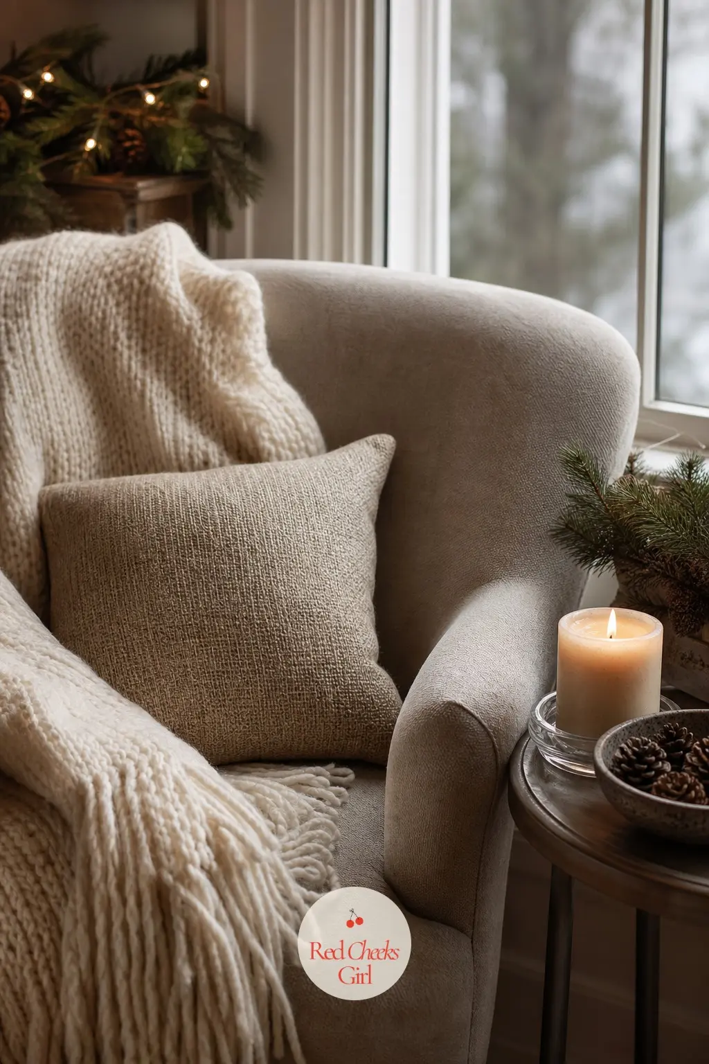 A Reading Chair Worth Sitting In All December — An armchair by a window, dressed with a cream mohair throw and a small side table holding a lit candle and a