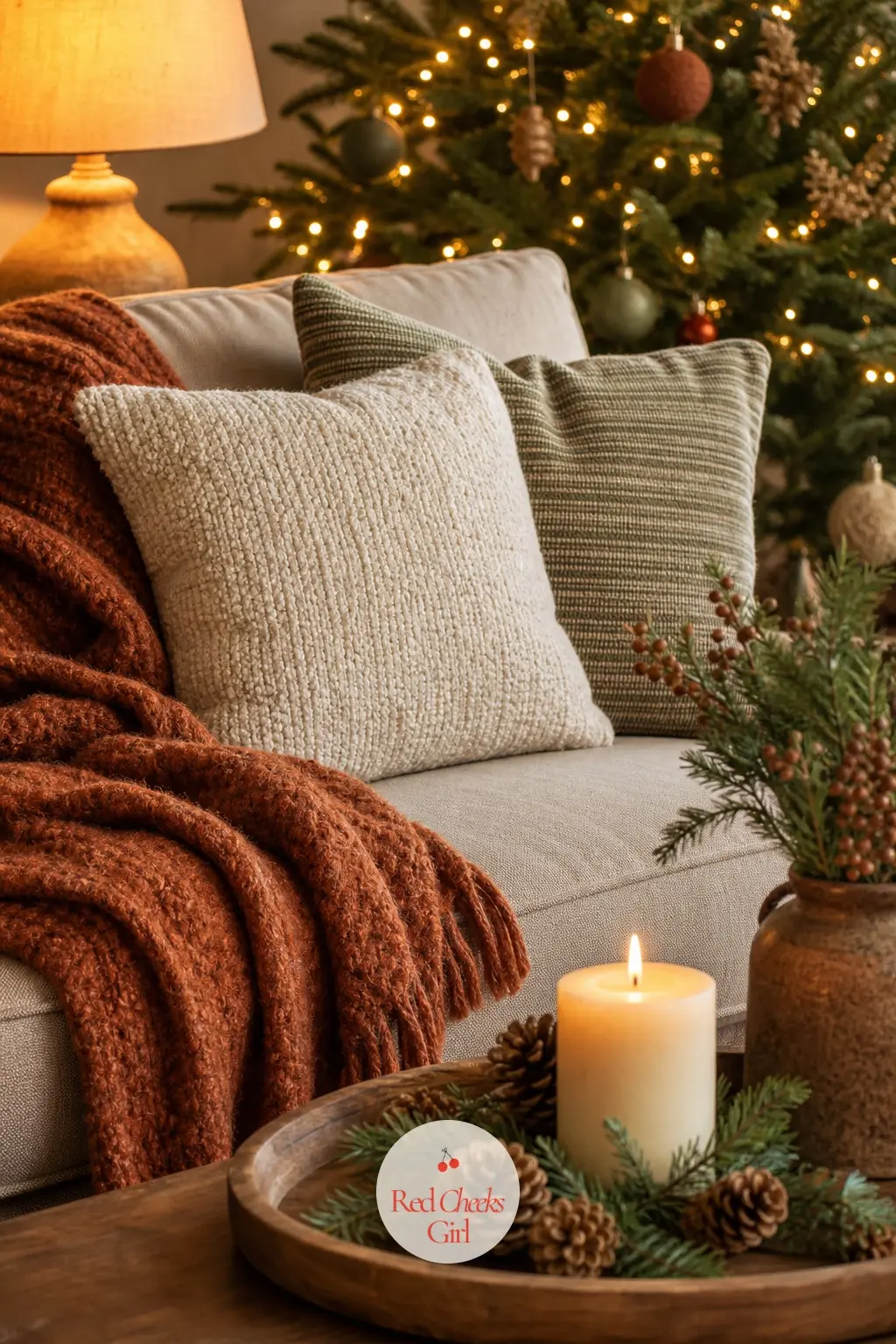 The Sofa Corner That Picks Up the Same Rust and Green — A wool throw in rust across the arm of the sofa, cream cushions beside it, and a low wooden tray on the
