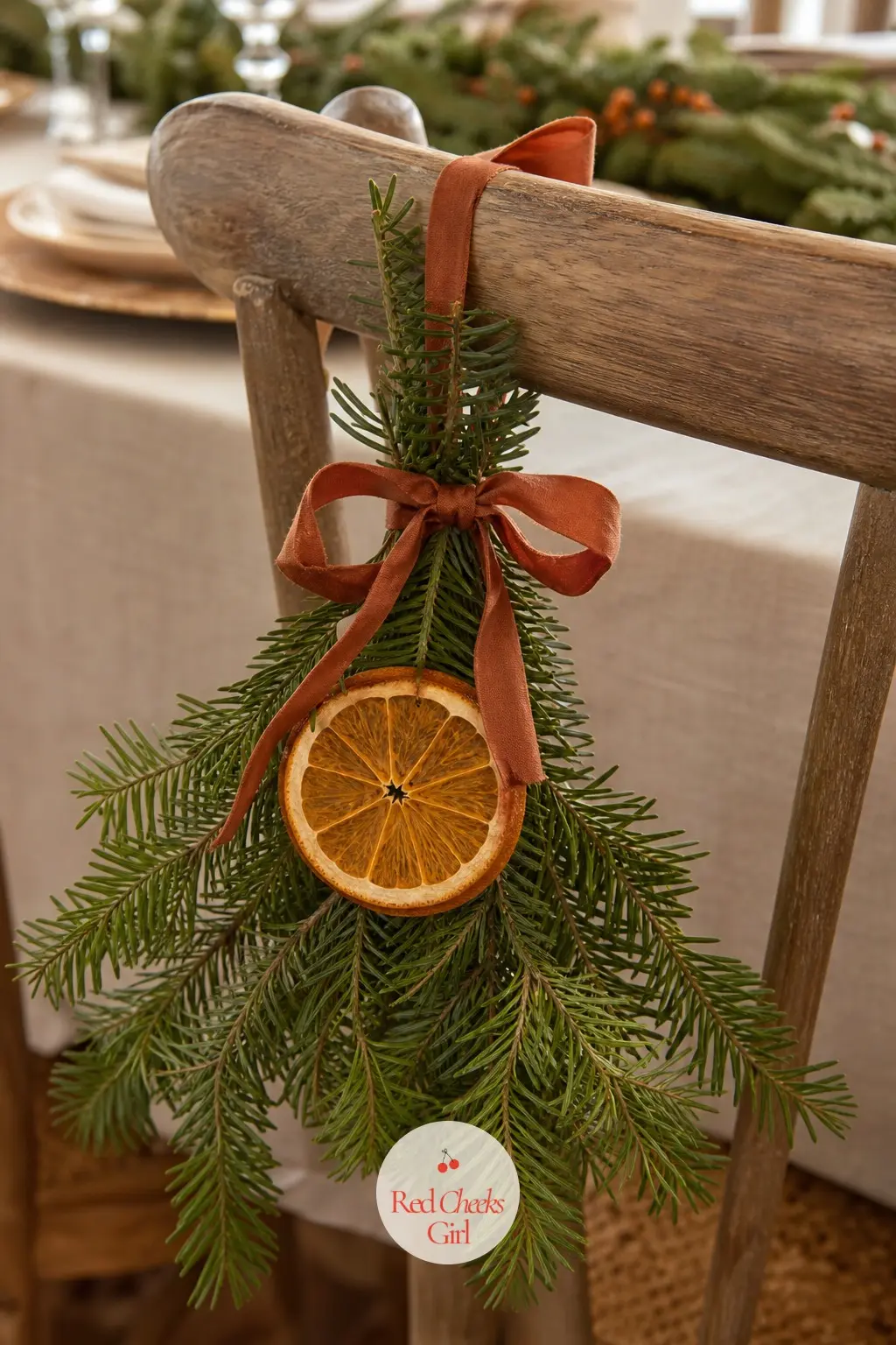 A Sprig Tied to Every Chair Back — A small bundle of fresh fir and a single dried orange wheel, tied to the top rail of each dining chair with rust ribbon