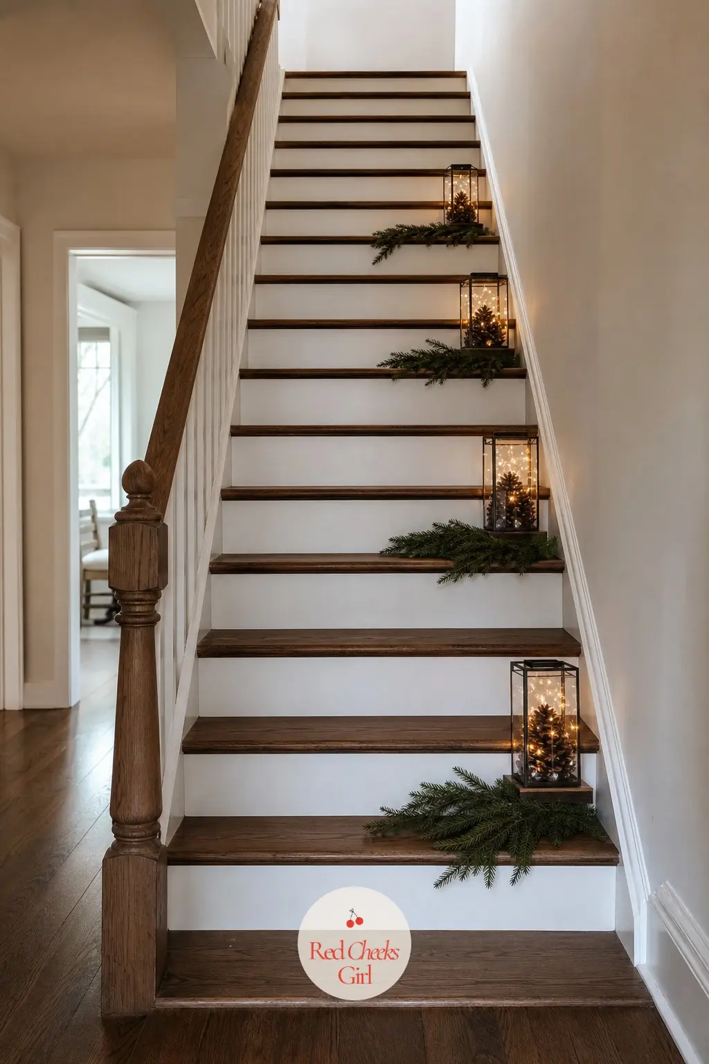 A Staircase Lit Rather Than Garlanded — Skip the rail garland entirely this time and set a small lantern at the edge of every other tread instead, each one