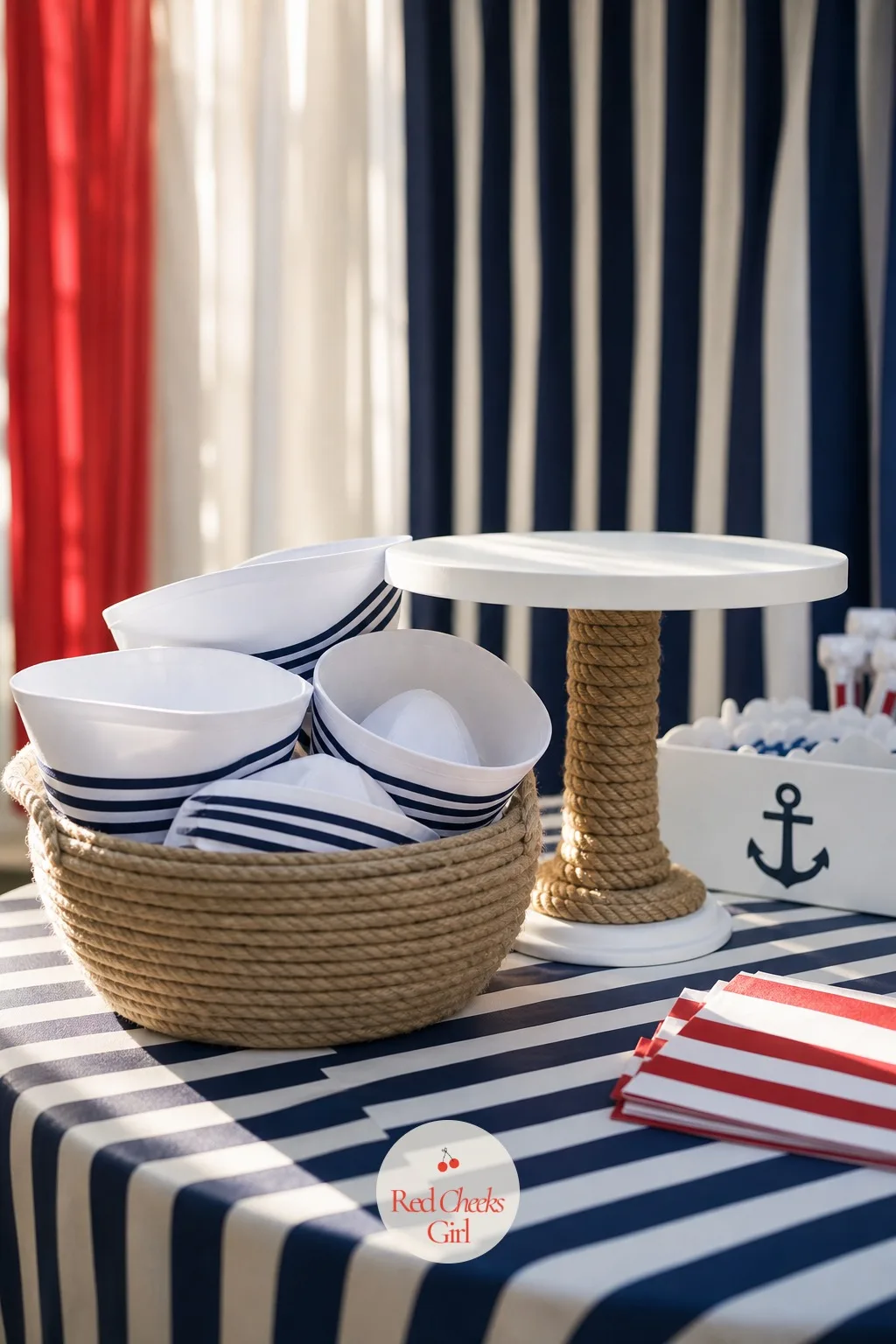 A Basket of Sailor Hats Beside a Rope Wrapped Cake Stand — A cake stand on its own looks like it is waiting for something. Nautical birthday party