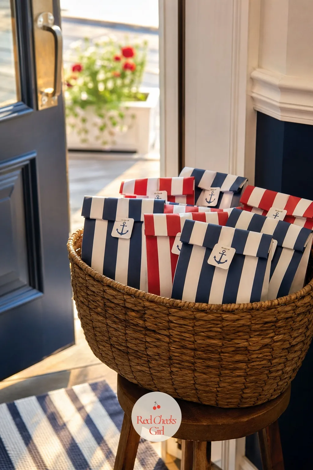 A Basket of Striped Favor Bags by the Door — The very last thing a guest touches on the way out sets the final memory of the whole afternoon. Nautical birthday