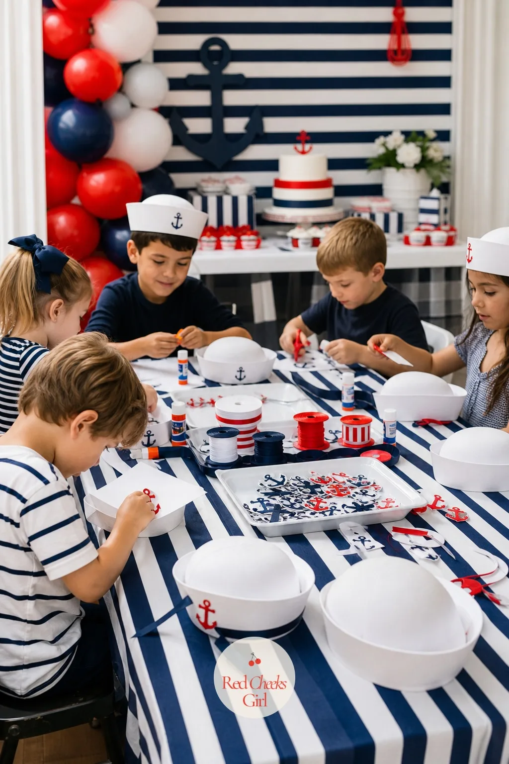 Decorate Your Own Sailor Hat — A plain white hat is only half finished, and finishing it is most of the fun. Nautical birthday party