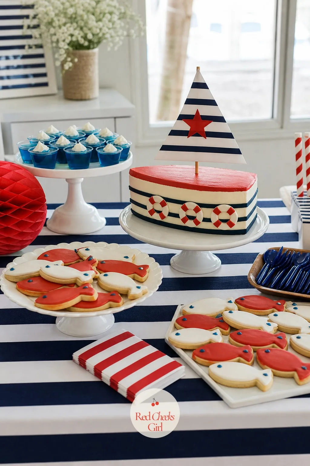 The Dessert Table of Fish Cookies and a Sail Boat Cake — This is the table people linger at longest, so it carries the most colour and the most detail.