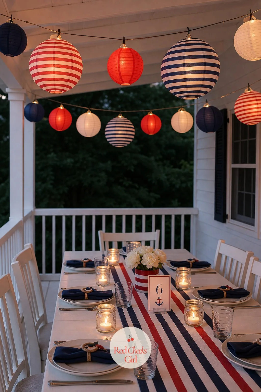 A Porch Dinner Table with Paper Lanterns and a Striped Runner — Once the sun starts to drop, a daytime table needs a reason to stay pretty. Nautical birthday
