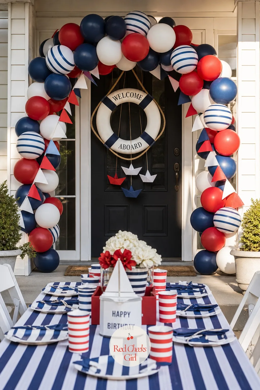 Striped Balloon Arch Welcome — A bare front door says nothing. Nautical birthday party