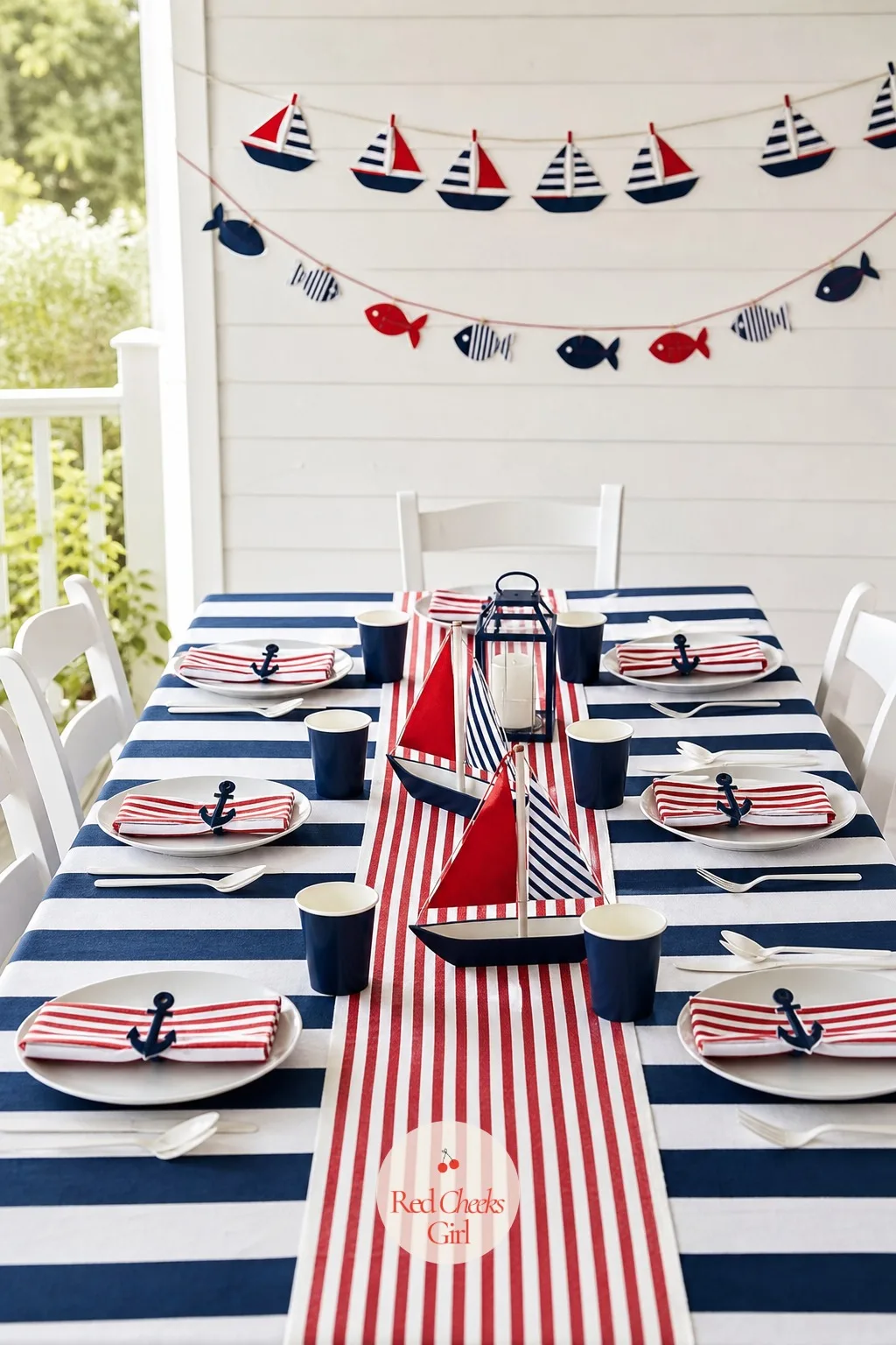 The Striped Party Table with a Boat and Fish Garland — This is the table everyone circles before they even sit down, the one the whole room gets built around.