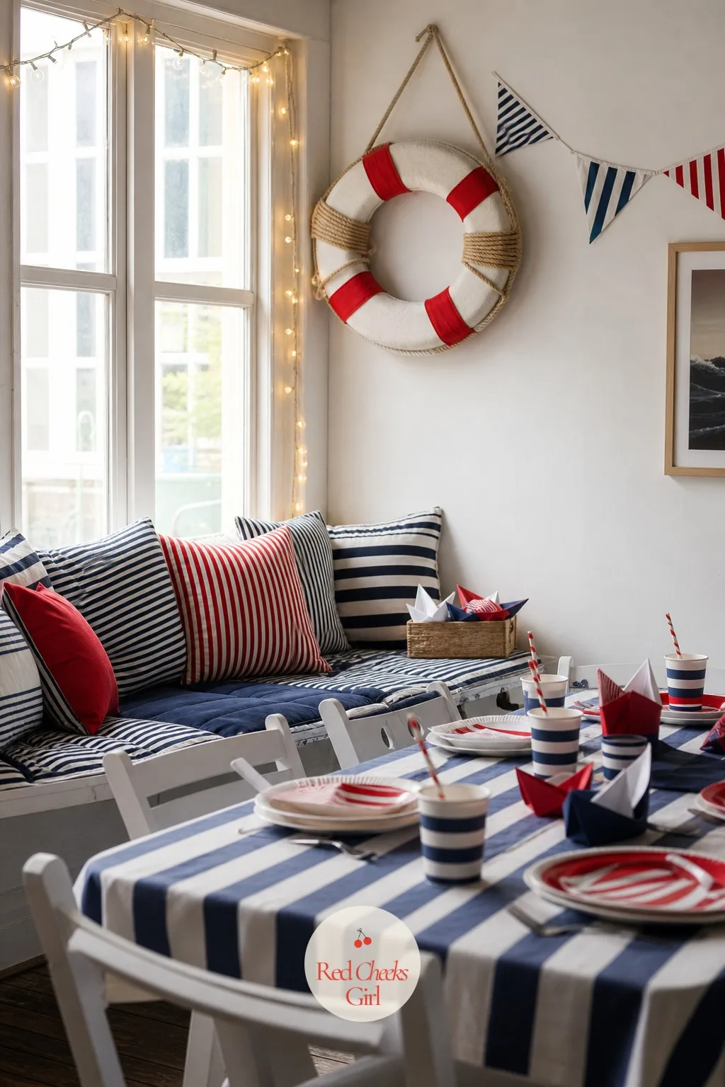 A Window Seat Styled with Lifebuoy and Stripes — Not every child wants to be in the thick of it. Nautical birthday party