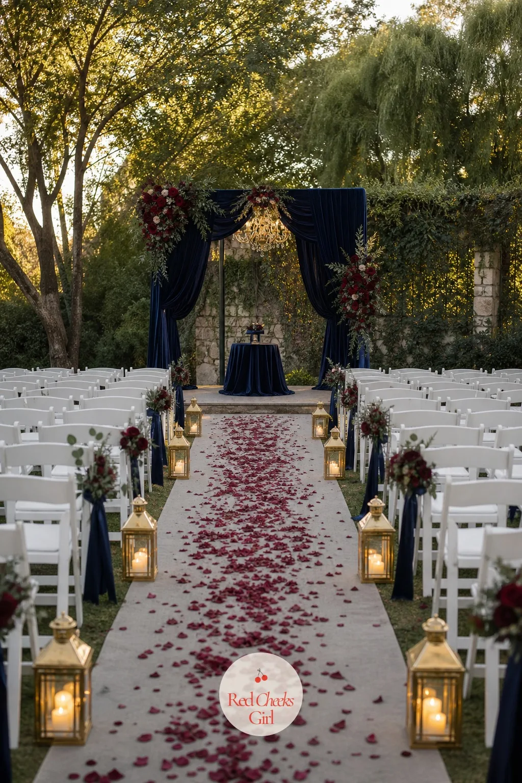 The Aisle — An aisle with nothing but chairs on either side reads bare the moment guests sit down. Navy blue and burgundy wedding
