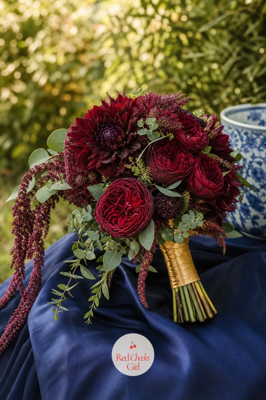The Bridal Bouquet — The bouquet is the one piece of the palette she carries all day, so it earns the richest version of the motif. Navy blue and burgundy
