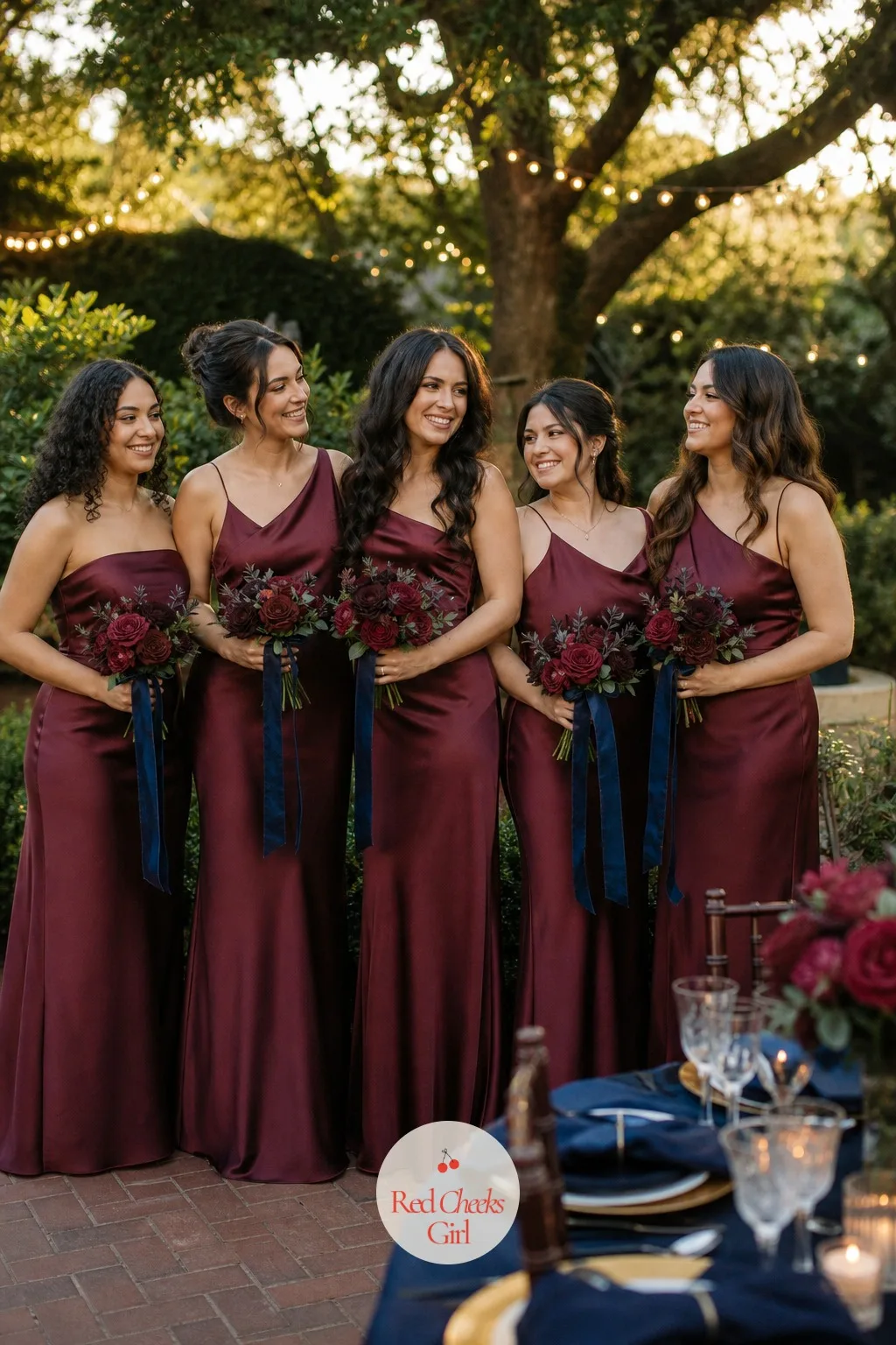 The Bridesmaid Dresses — Burgundy on a bridesmaid reads formal without reading somber, and it photographs beautifully against navy. Navy blue and burgundy