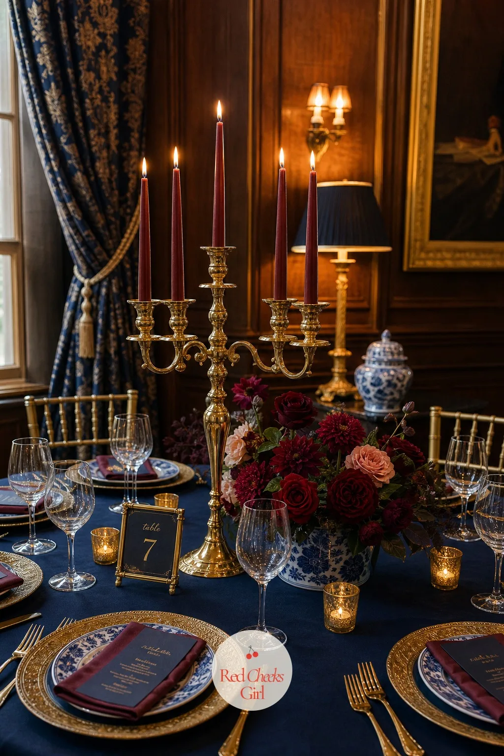 The Candelabras — Dark colors need light to come alive, and nothing gives a navy and burgundy table more of it than a candelabra. Navy blue and burgundy wedding