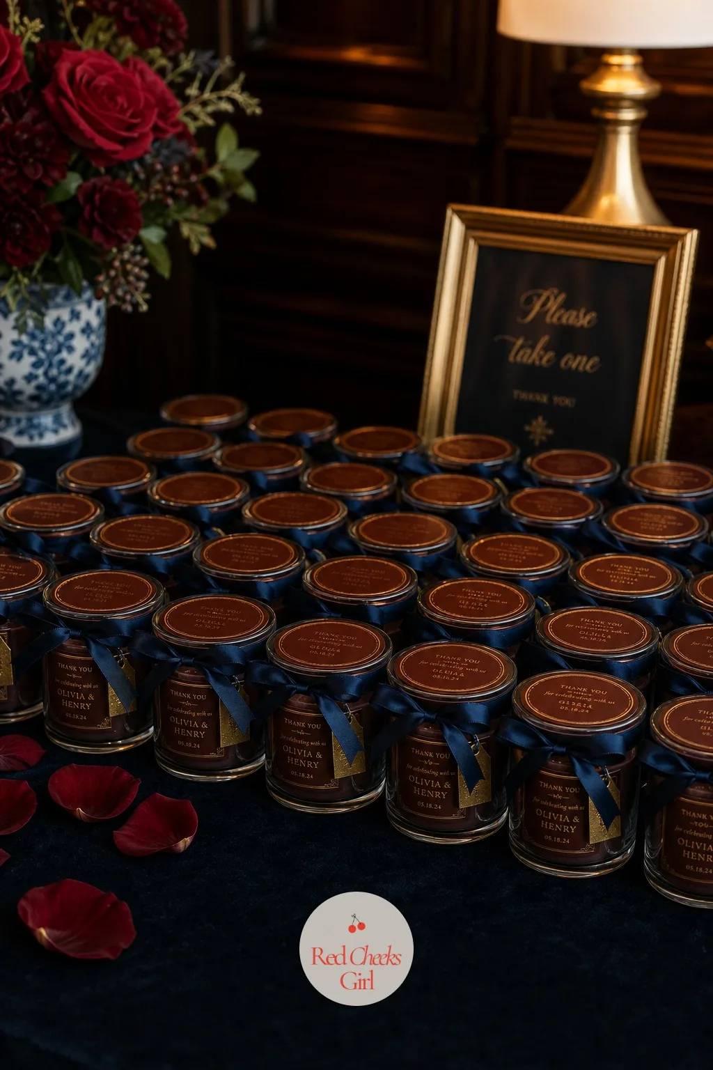 The Candle Favors — A favor only earns its place on the table if someone actually wants to take it home. Navy blue and burgundy wedding