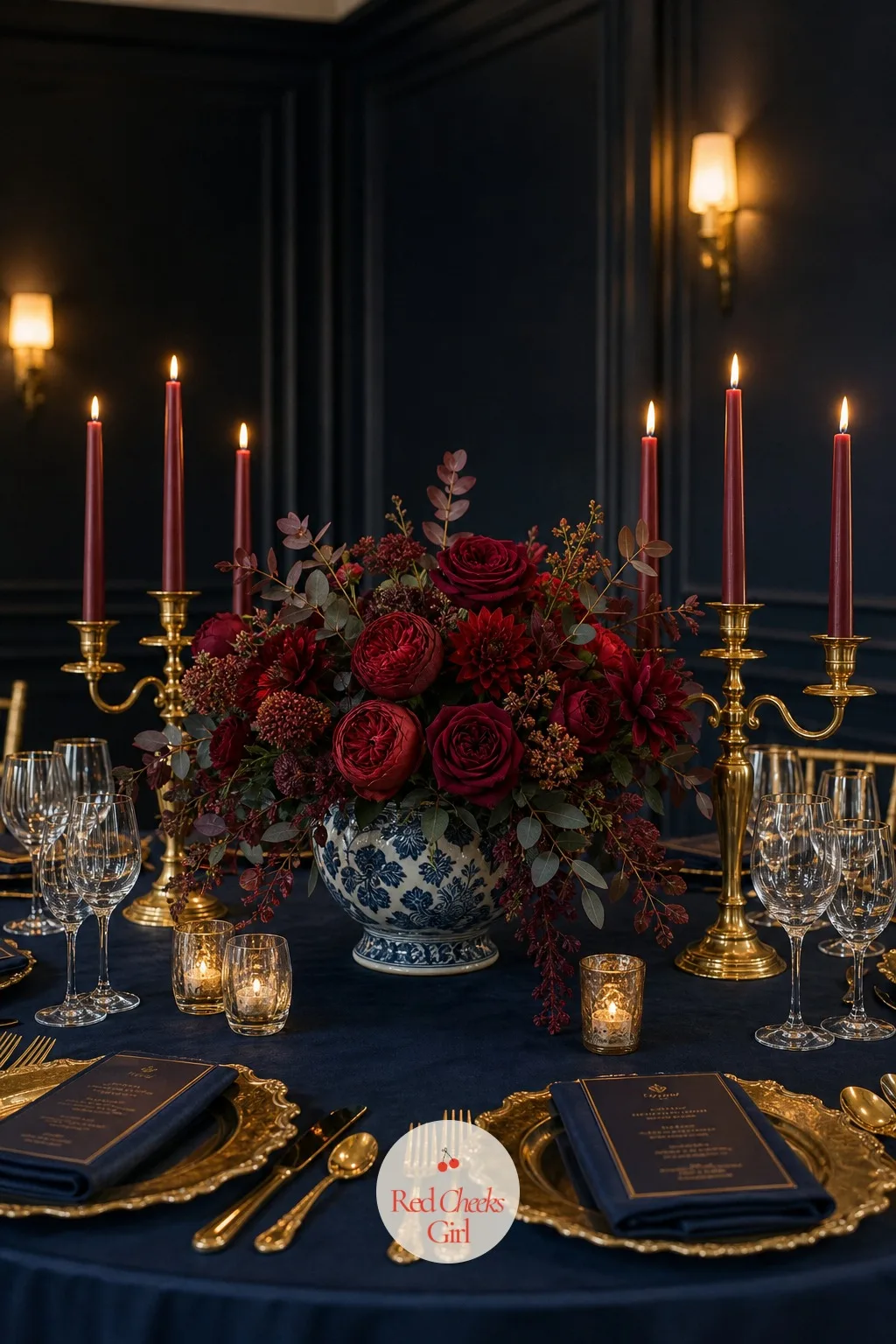 The Centerpieces — A table full of dark linen needs somewhere for the eye to land, and that is what the centerpiece does. Navy blue and burgundy wedding