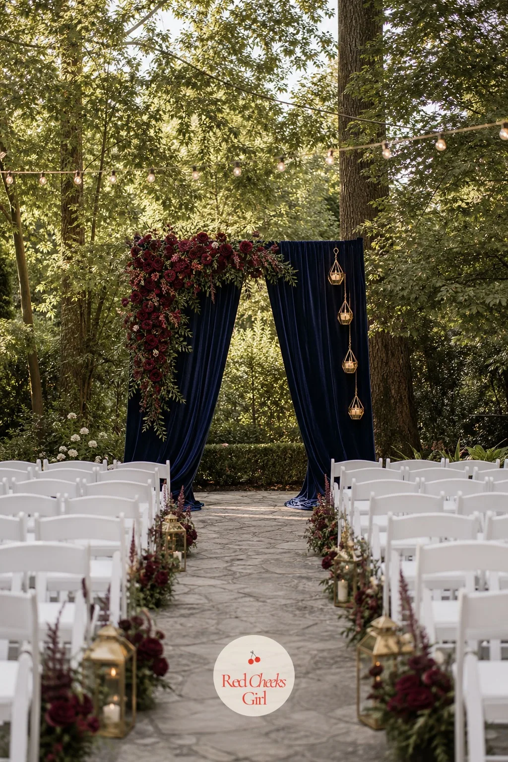The Ceremony Arch — An arch of flowers alone can disappear the second the sun moves. Navy blue and burgundy wedding