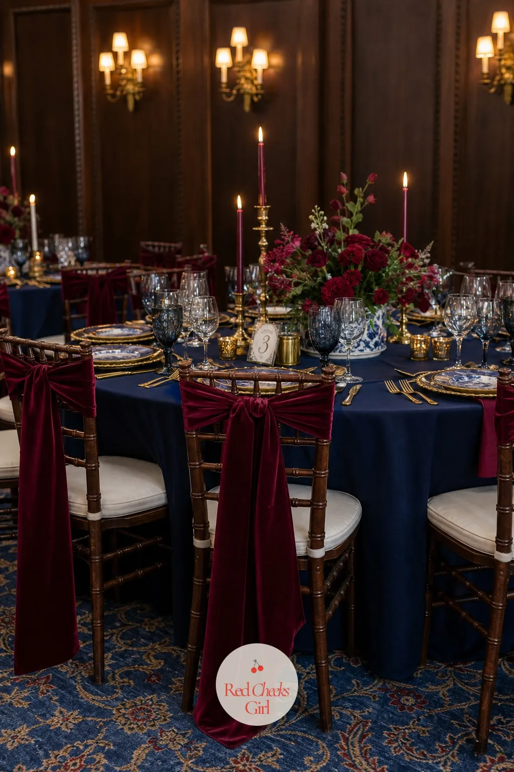 The Chair Ribbons — A bare chair back at a formal table looks unfinished, and it is the cheapest fix on this whole list. Navy blue and burgundy wedding