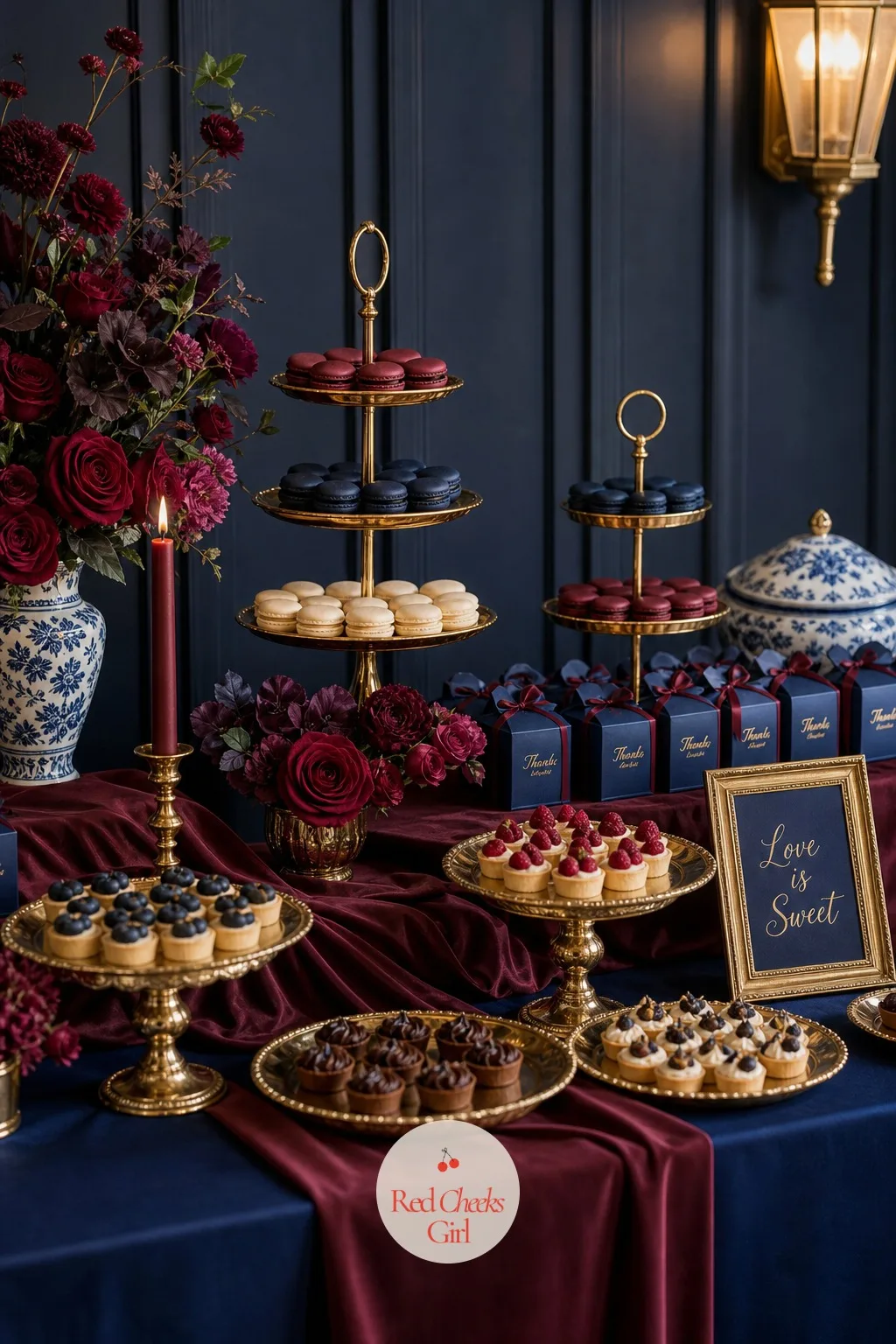 The Dessert Table — Guests who skip cake still want something to pick up, so a small dessert table beside it earns its space. Navy blue and burgundy wedding