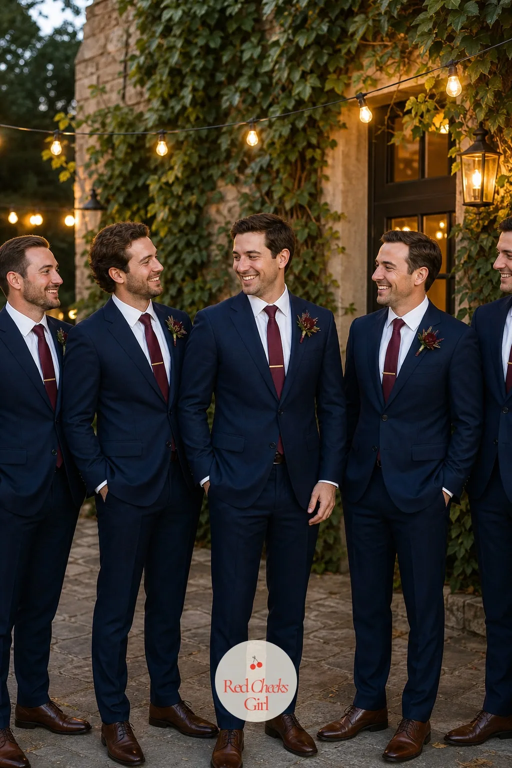 The Groomsmen Suits — Navy is the easy half of this pairing, since it suits almost every body and every season. Navy blue and burgundy wedding