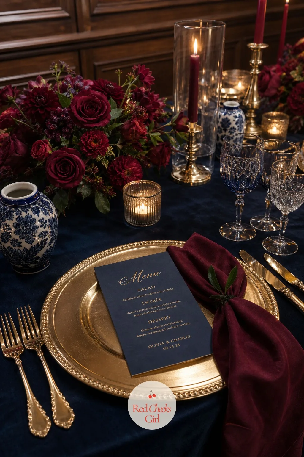 The Menu Cards — A blank charger plate waiting for food looks unfinished for the ten minutes before the first course arrives. Navy blue and burgundy wedding