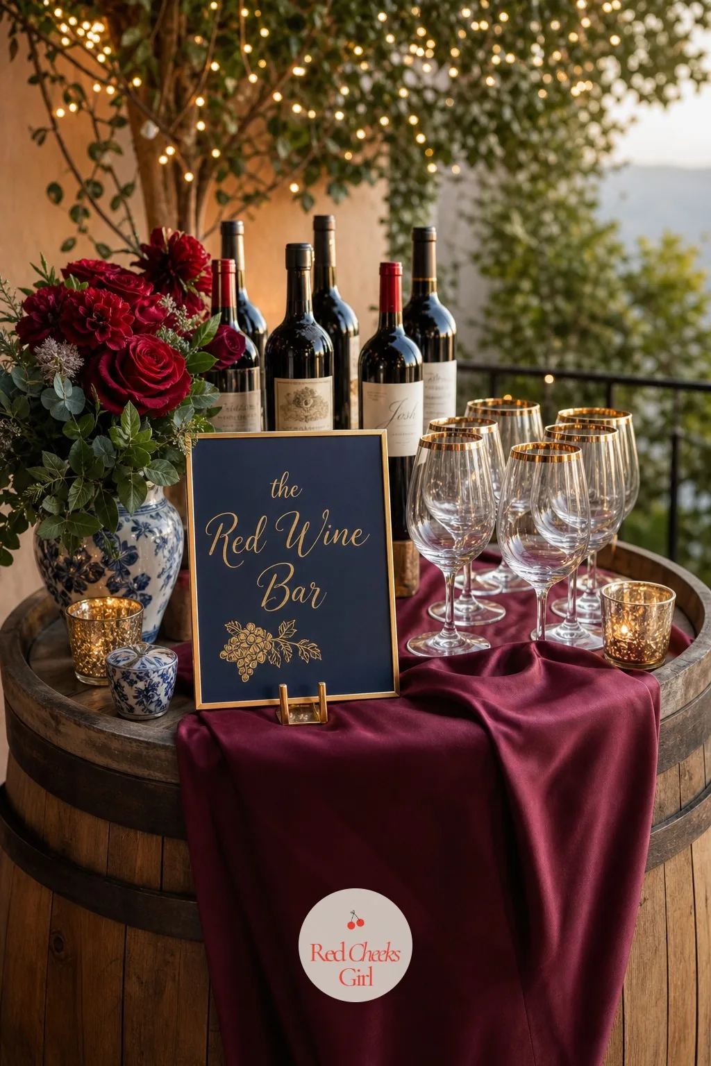 The Red Wine Bar — A full open bar can feel generic against a palette this specific. Navy blue and burgundy wedding